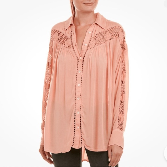 FREE PEOPLE ANTHRO Katie Bird crochet oversized woman button pink boho blouse S - Picture 1 of 15
